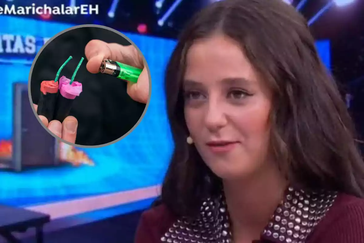 Una mujer con cabello largo y oscuro aparece en un programa de televisión, mientras en un recuadro se muestra una mano encendiendo petardos con un encendedor verde.