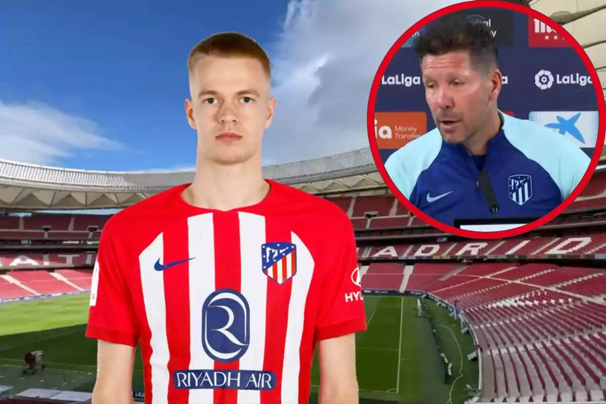 Un jugador del Atlético de Madrid con la camiseta del equipo y el estadio de fondo, con un recuadro que muestra a un entrenador en una conferencia de prensa.