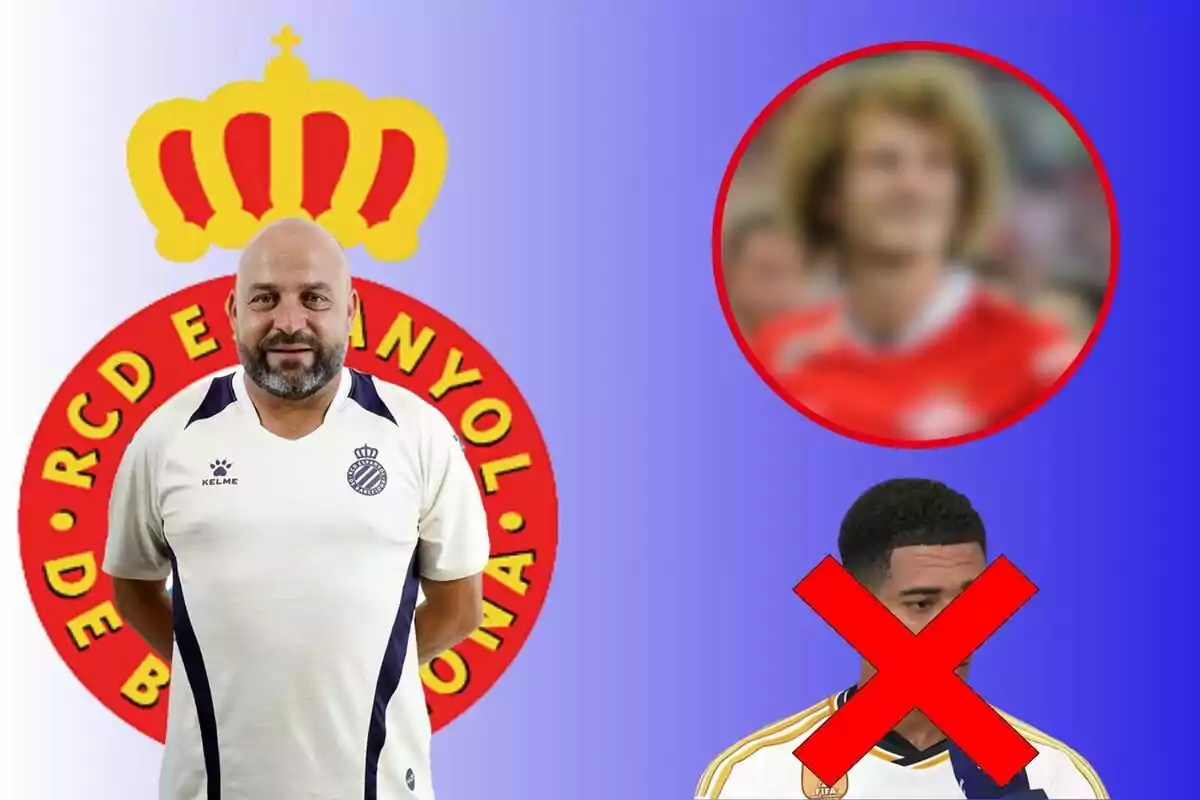 La imagen muestra a un hombre con una camiseta del RCD Espanyol de Barcelona, con el logo del equipo en el fondo, un círculo rojo con una imagen borrosa de una persona en la parte superior derecha y una imagen de otra persona con una gran X roja en la parte inferior derecha.