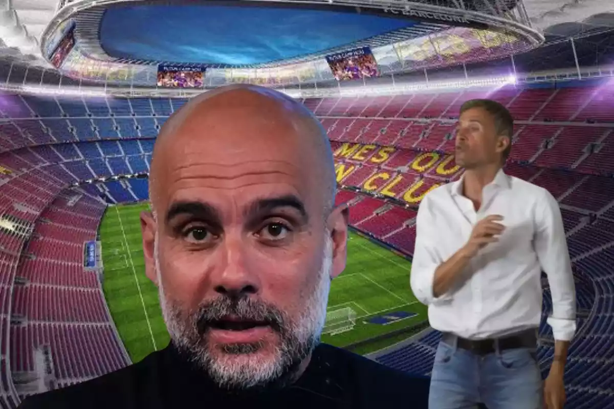 Montage con Pep Guardiola abajo a la izquierda y Luis Enrique abajo a la derecha con el Camp Nou de fondo