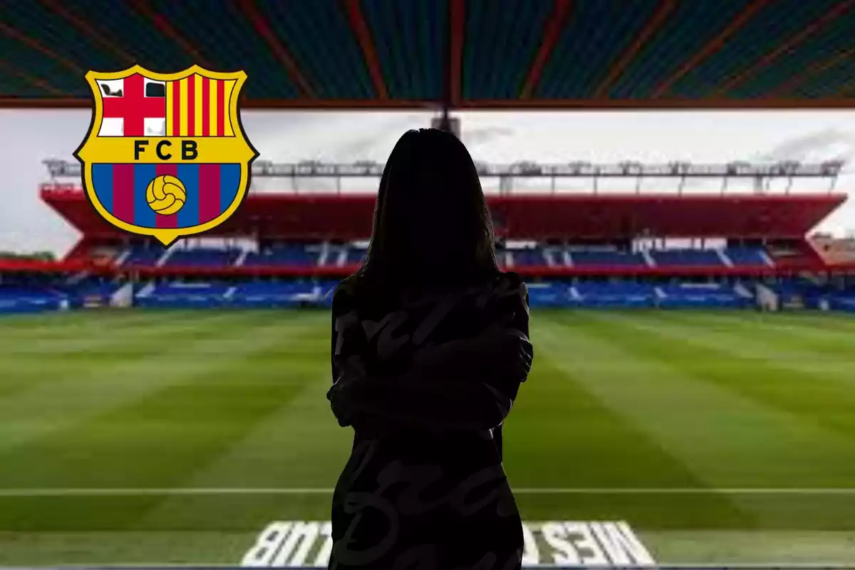 Montage con el estadio Johan Cruyff, una sombra negra de una mujer en el centro y el escudo del FC Barcelona arriba a la izquierda