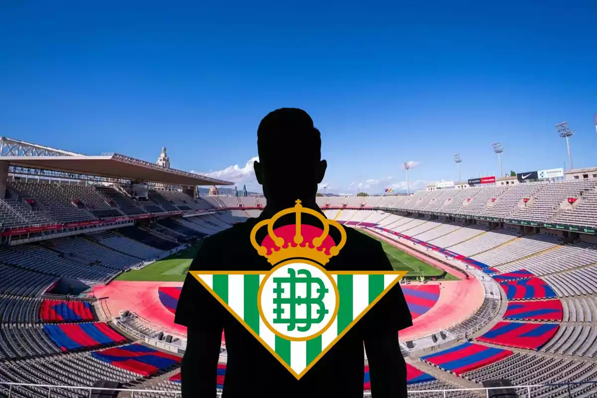 Montage con el esatdio Lluís Companys y una sombra negra en el centro con el escudo del Real Betis