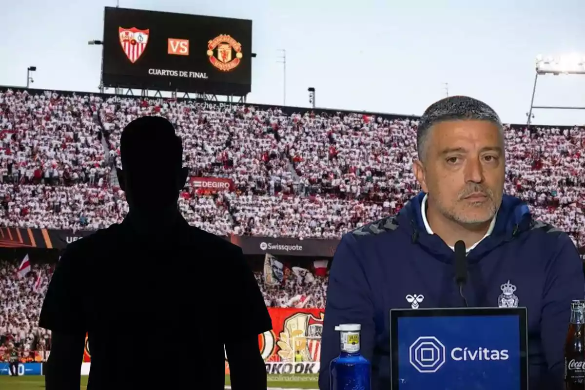 Montage con el estadio Sánchez Pizguán, una sombra negra a la izquierda y García Pimienta a la derecha