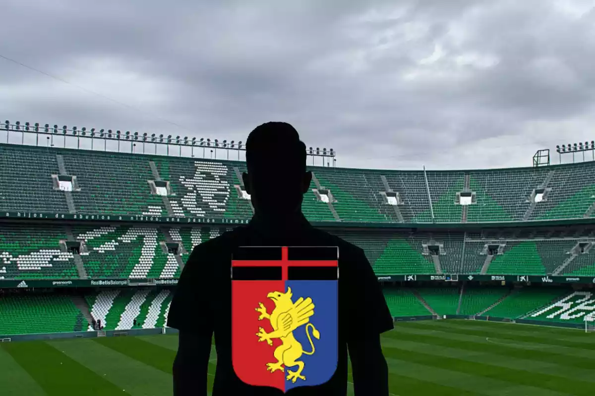 Montage con el Estadio Benito Villamarín y una figura negra en el centro con el escudo del Genoa