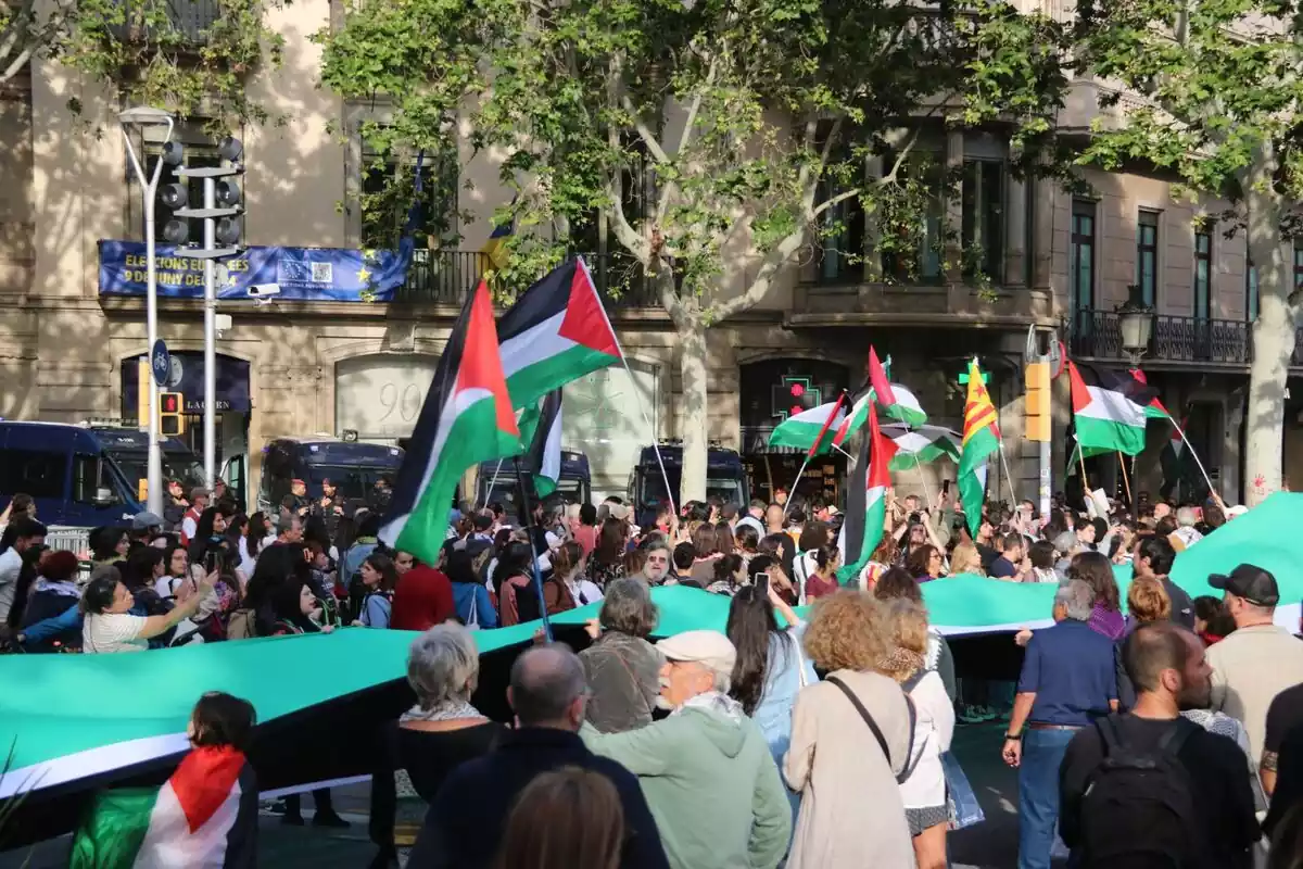Gente con banderas palestinas en una manifestación en Barcelona