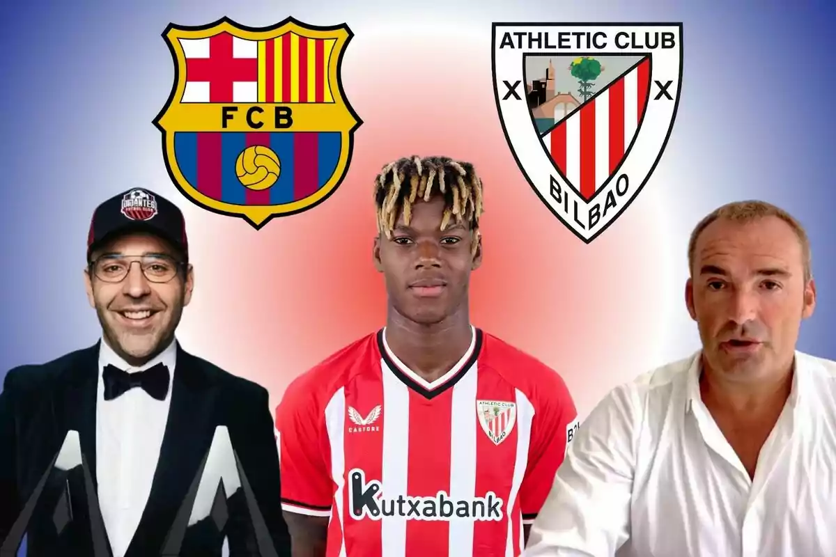 Tres personas, una en el centro con camiseta del Athletic Club de Bilbao, otra a la izquierda con gorra y gafas, y otra a la derecha con camisa blanca, con los escudos del FC Barcelona y del Athletic Club de Bilbao en el fondo.