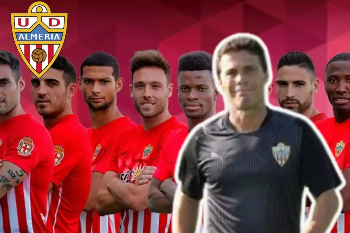 Montage con algunos jugadores de la UD Almería, Rubi en la parte derecha y el escudo del Almería arriba a la izquierda