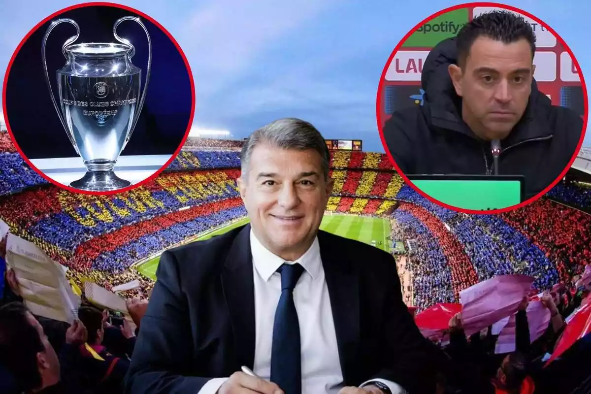 Montage con el Estadio del Camp Nou, un círculo con el trofeo de la Champions League arriba a la izquierda, Joan Laporta en el centro y un círculo con Xavi Hernández arriba a la derecha