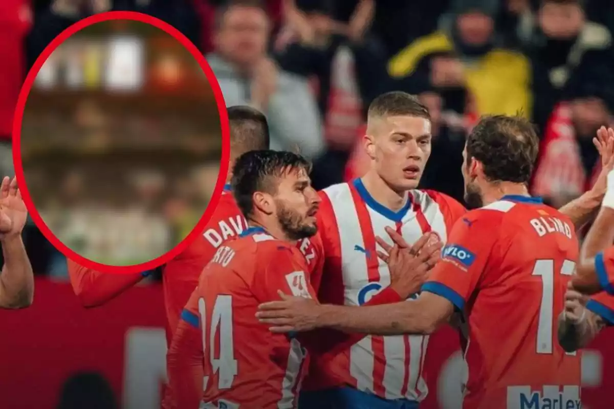 Montaje con una imagen de los futbolistas del Girona celebrando un gol y en la esquina superior izquierda, dentro de un círculo y difuminada, imagen del equipo alemán del que habla la noticia