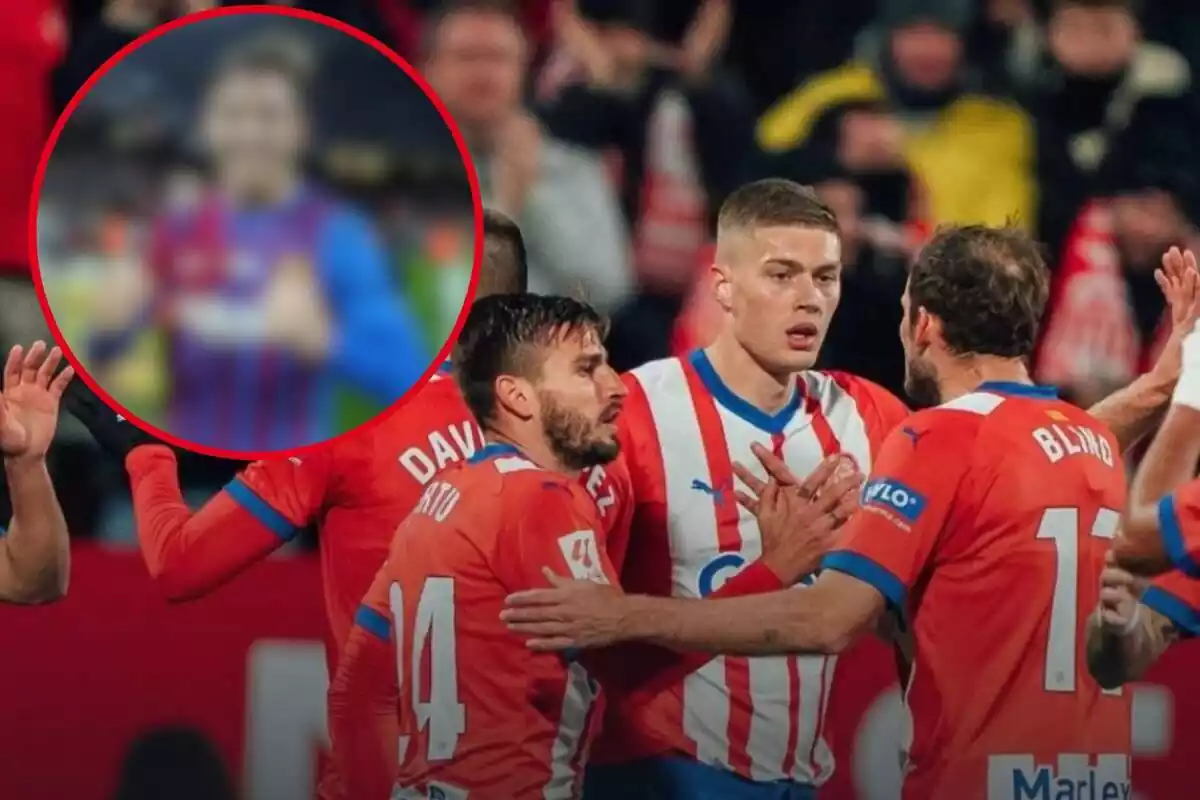 Montaje con una imagen de futbolistas del Girona FC durante un partido y en la esquina superior izquierda, dentro de un círculo y difuminado, el futbolista al que hace referencia la noticia
