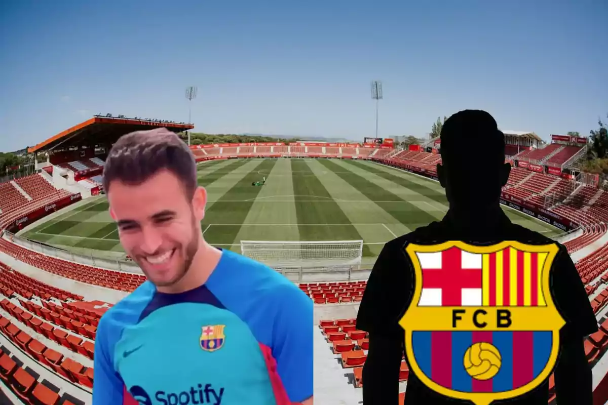 Montage con el estadio de Montilivi, Eric García a la izquierda y una sombra negra con el escudo del FC Barcelona a la derecha