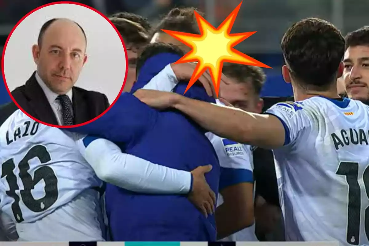 Montage con el equipo del RCD Espanyol, un círculo con Gonzalo Bernardos arriba a la izquierda y un emotiocono de explosión arriba en el centro de la imagen