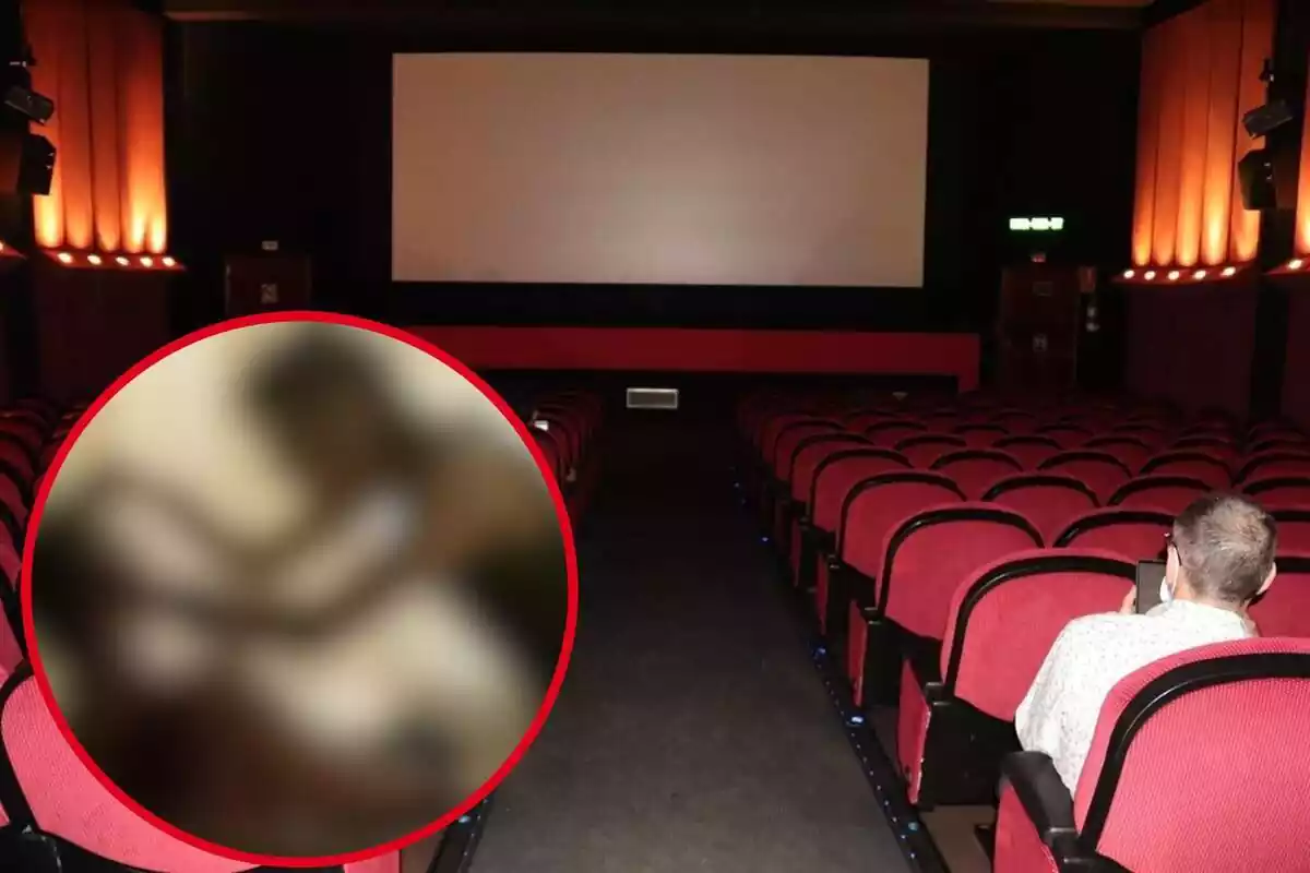Montaje con una imagen de una sala de cine y a la izquierda, dentro de un círculo y difuminada, fotograma de la película de la que habla la noticia