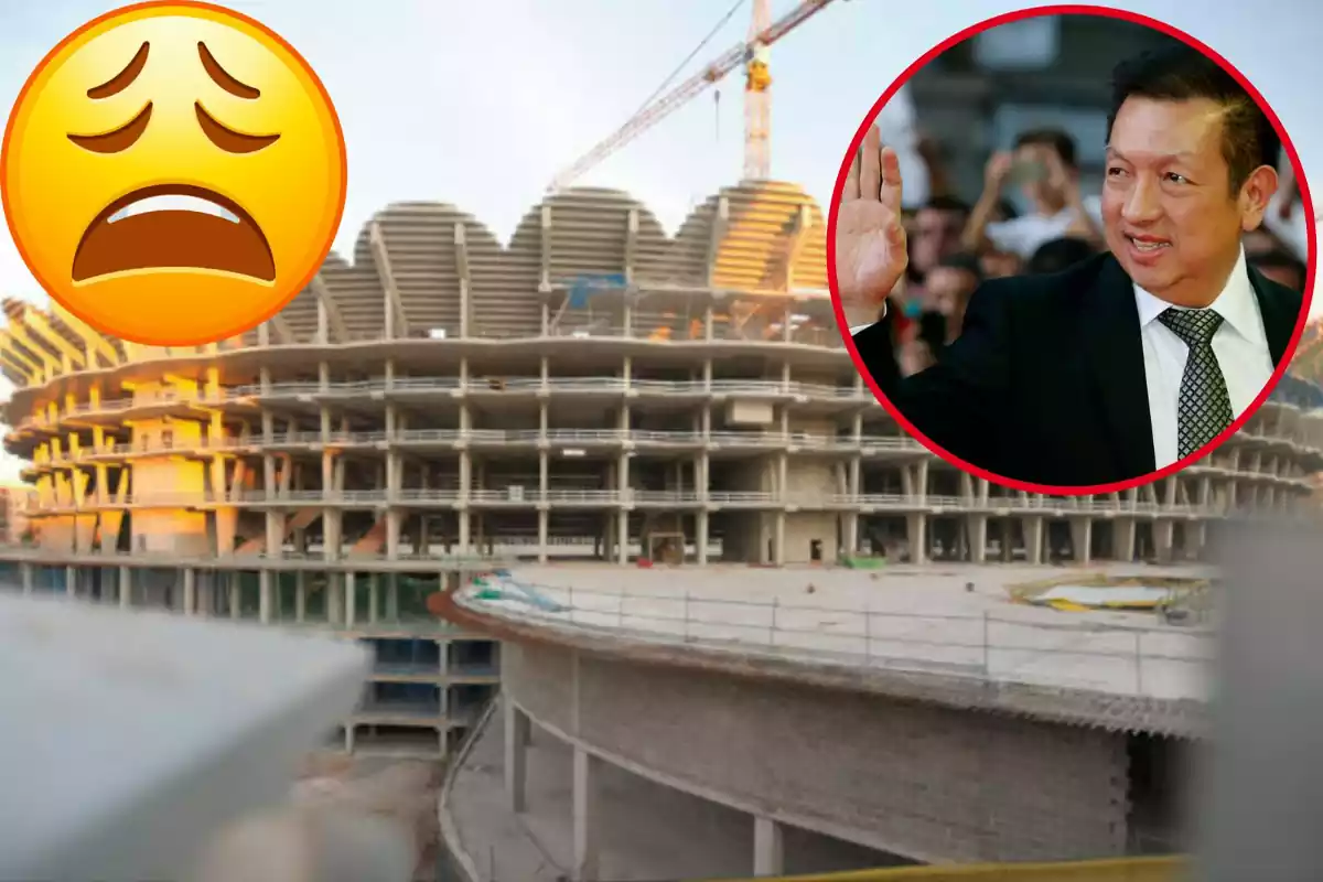 Montage con el estadio del Nou Mestalla en construcción, un emoticono llorando arriba a la izquierda y un círculo con Peter Lim arrriba a la derecha