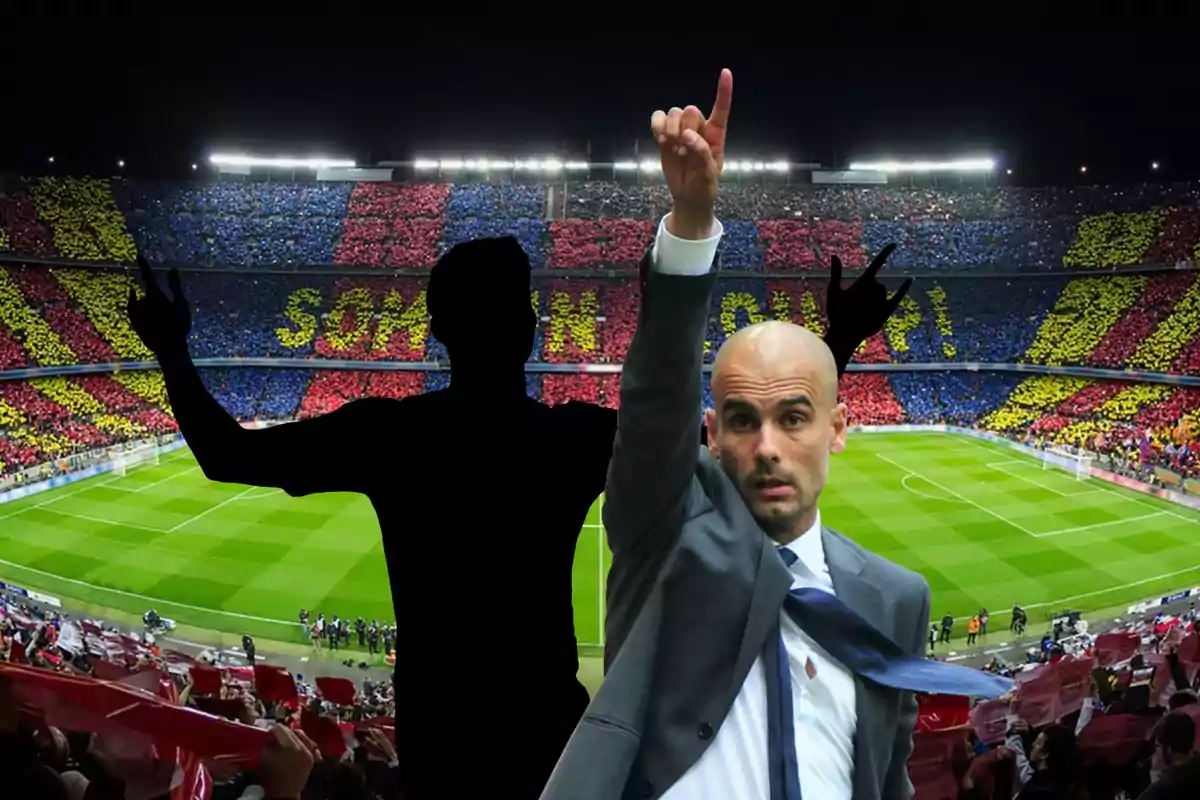 Pep Guardiola y un jugador del City con el Camp Nou de fondo