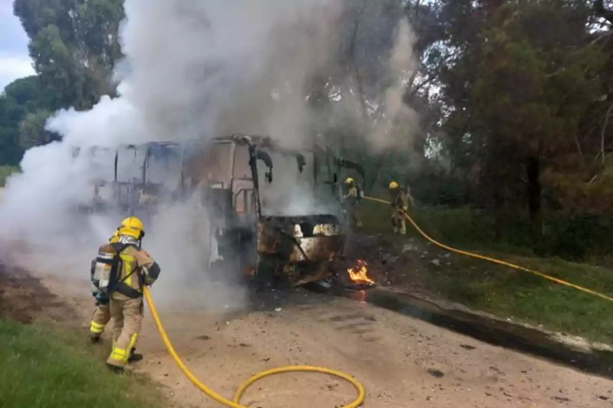 Bomberos extinguiendo un incendio en un autobús en una carretera rodeada de árboles.