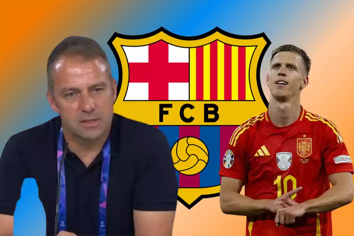 Un hombre en una conferencia de prensa y un jugador de fútbol con el uniforme de la selección española, con el escudo del FC Barcelona de fondo.