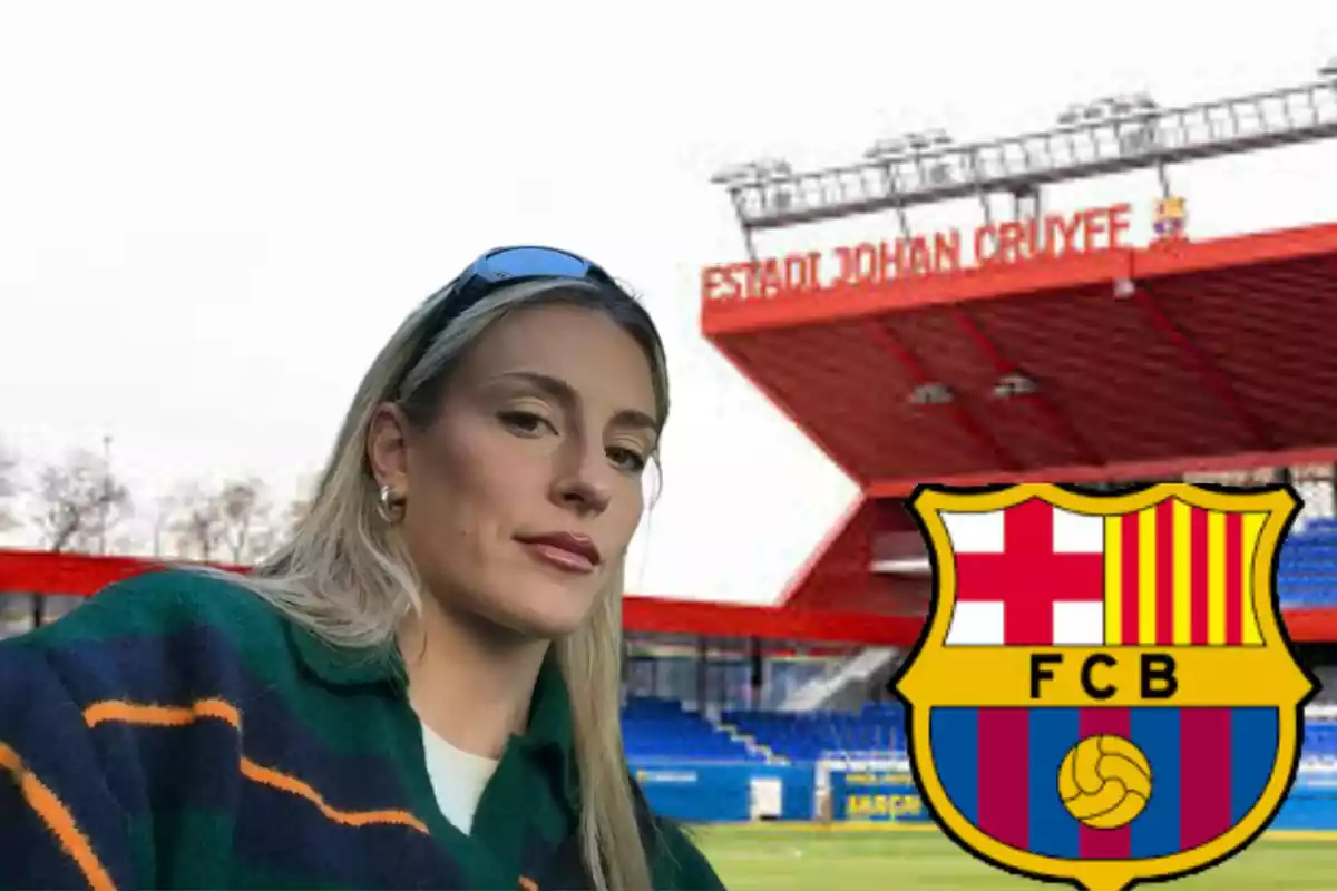 Montage con el estadio Johan Cruyff, Alexia Putellas a la izquierda de la imagen y el escudo del FC Barcelona a la derecha