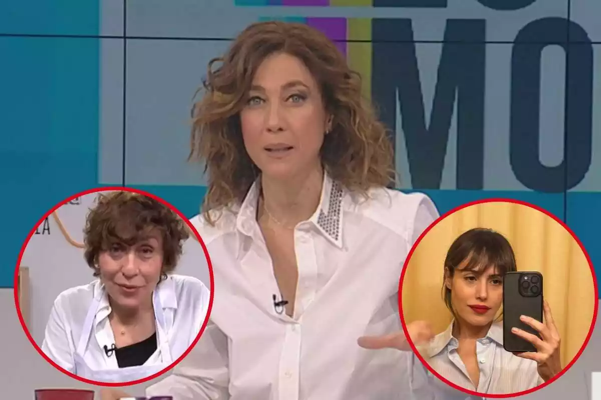 Montaje con una imagen de Helena Garcia Melero en un plató de TV3. A ambos lados, y dentro de un círculo, las actrices Mercè Montalà e Irene Montalà