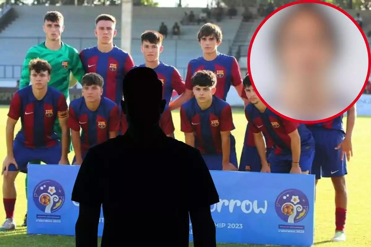 Montage con el Juvenil B del Barça, una sombra negra en el centro y un círculo difuminado arriba a la derecha