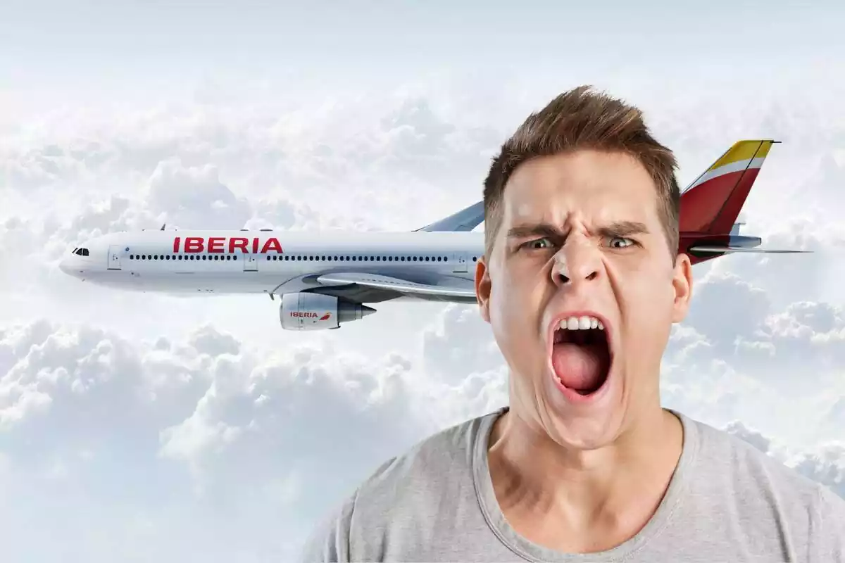 Montaje con un avión de Iberia y un hombre enfadado