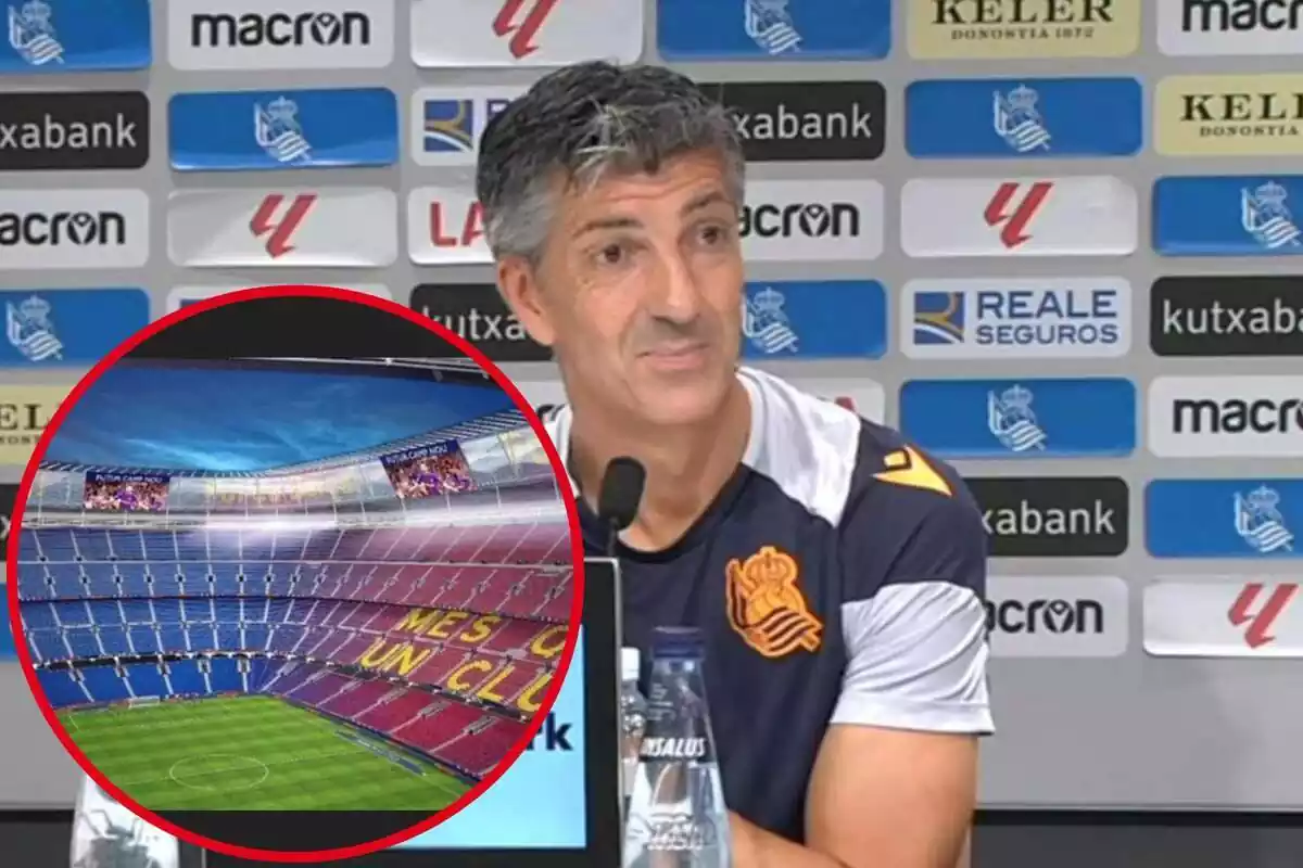 Montaje con una imagen de Imanol Alguacil en rueda de prensa y en la esquina inferior izquierda, dentro de un círculo, una imagen del Camp Nou vacío