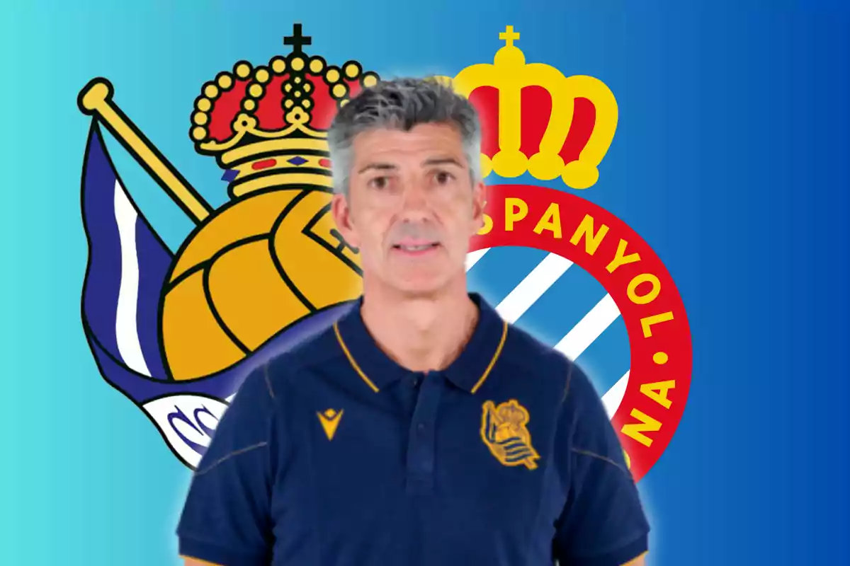 Imanol Alguacil y los escudos de Real Sociedad y Espanyol