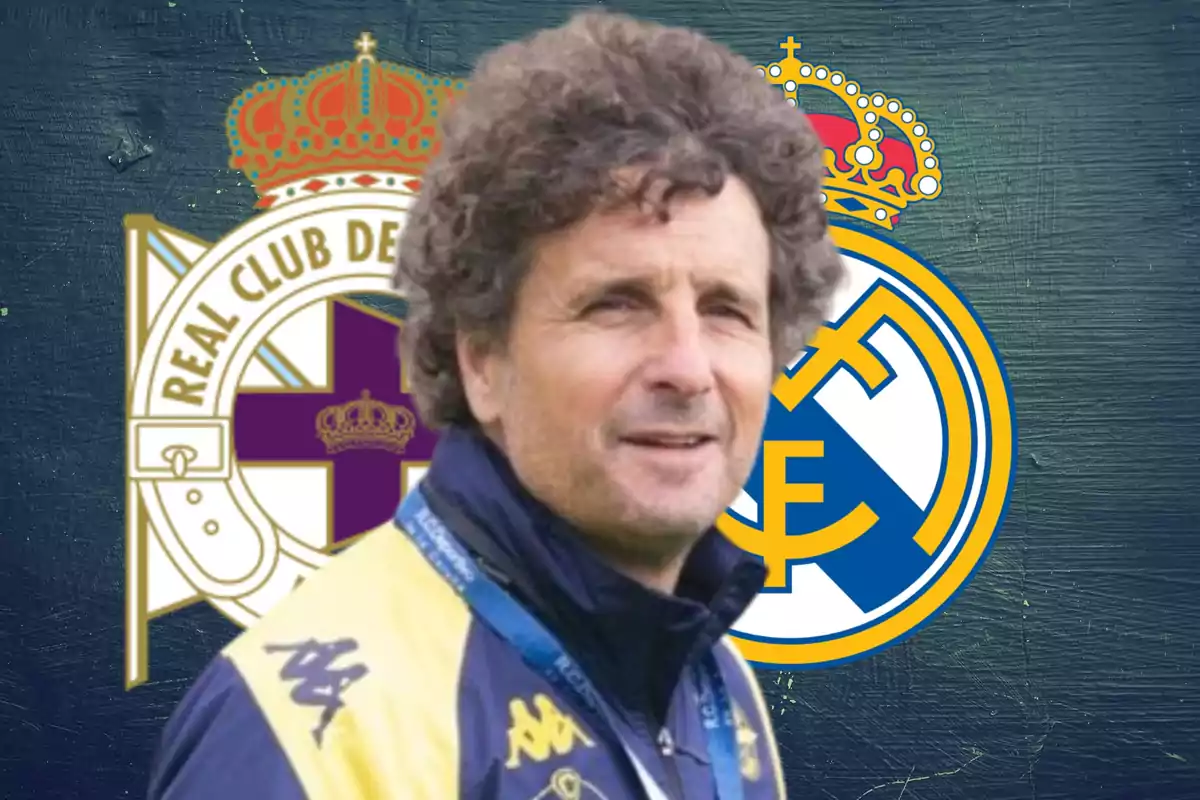 Imanol Idiakez y los escudos de Depor y Real Madrid