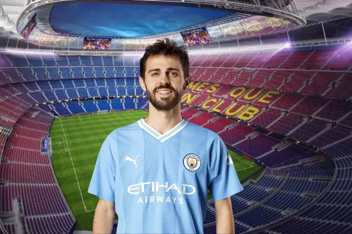Montage con el Estadio del Camp Nou y Bernardo Silva en el centro de la imagen