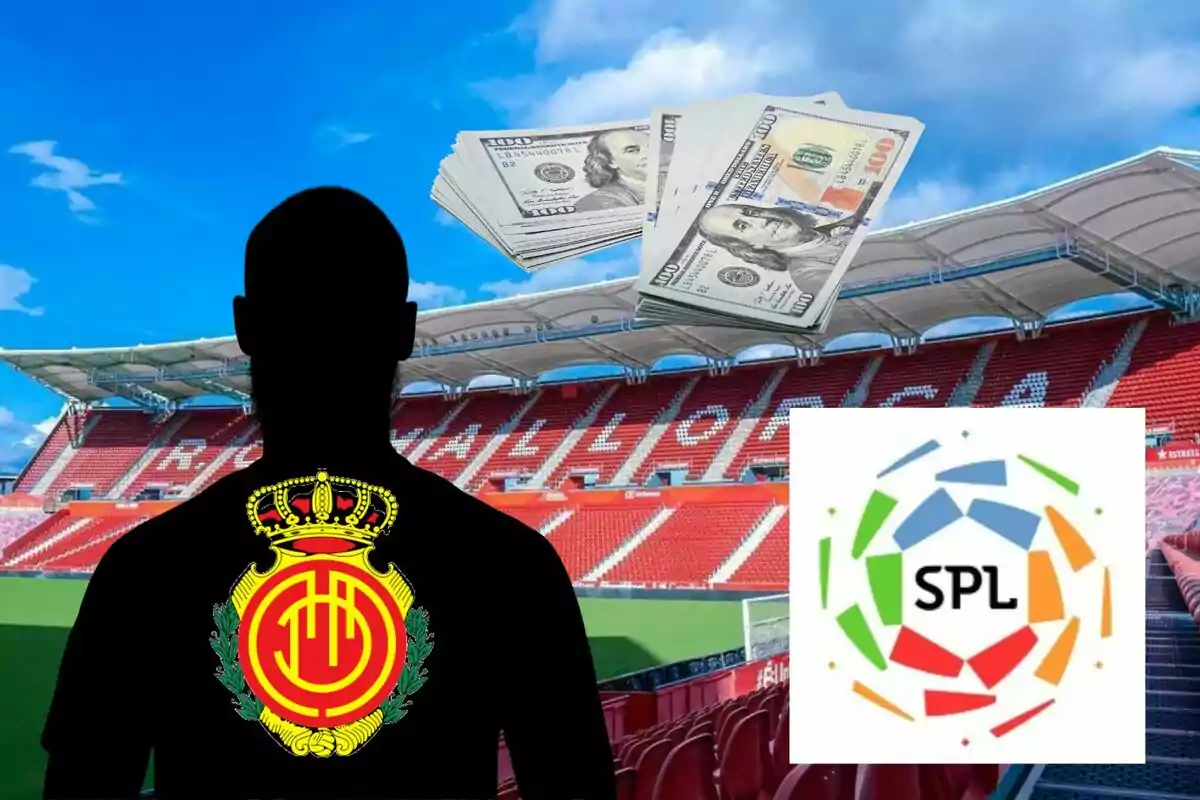 Una silueta con el escudo del RCD Mallorca en un estadio, con billetes de dólar y el logo de la SPL.