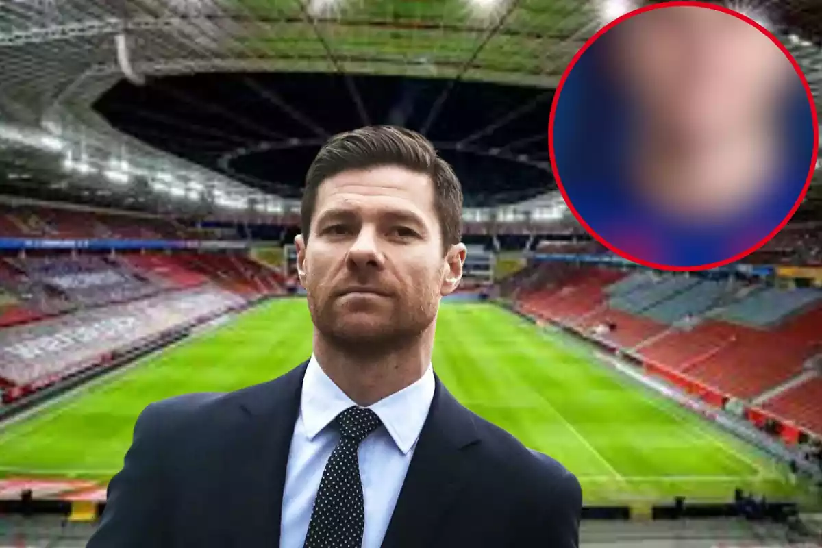 Montage de Xabi Alonso con el campo del Bayer Leverkusen de fondo y un círculo difuminado arriba a la derecha