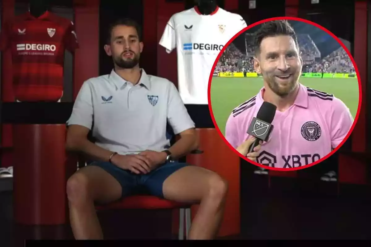 Montaje con una imagen de Januzaj sentado ateniendo a una entrevista. A la derecha, dentro de un círculo, Leo Messi entrevistado después de un partido con el Inter Miami