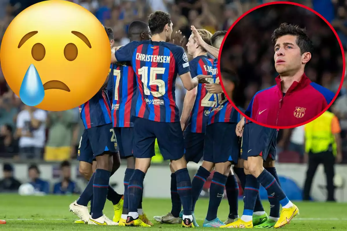 Montage con una celebración del Barça, un emoticono llorando arriba a la izquierda y Sergi Roberto en un círculo arriba a la derecha