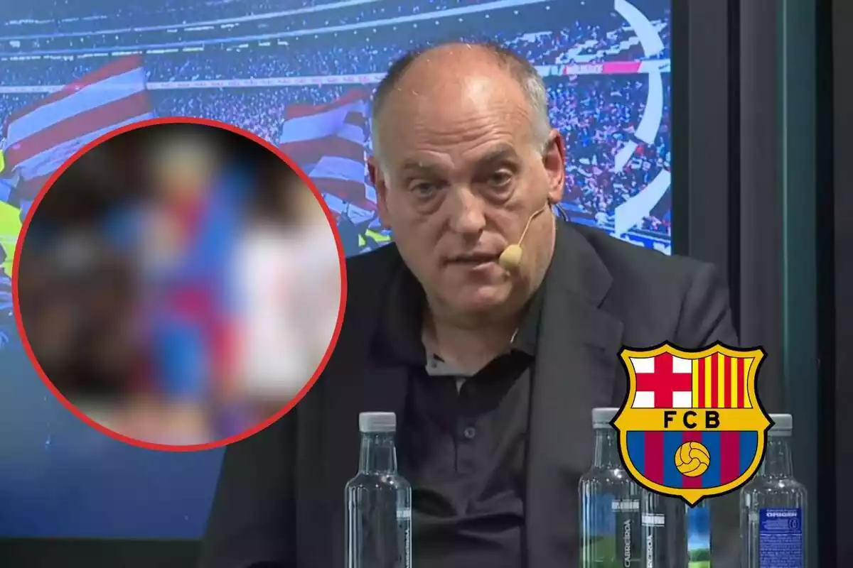 Montaje con una imagen de Javier Tebas en una foto de archivo. A la izquierda, dentro de un círculo y difuminada, imagen de los dos futbolistas referenciados en la noticia. En la esquina inferior derecha, el escudo del Barça