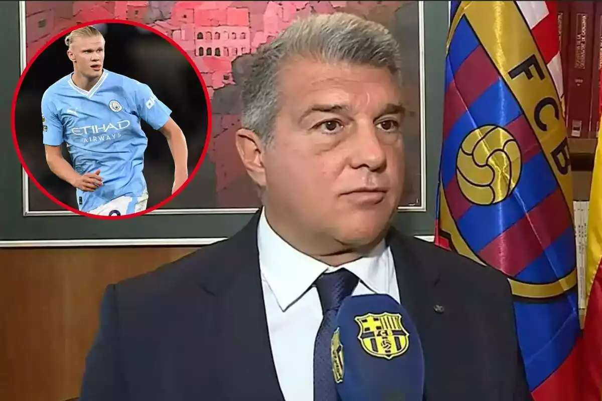 Montaje con Joan Laporta en primer término entrevistado por Barça TV. En la esquina superior izquierda, dentro de un círculo, Erling Haaland