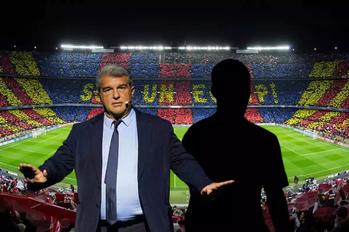 Joan Laporta y un posible fichaje del Barça con el Camp Nou de fondo