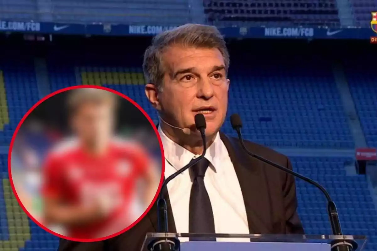 Montaje con una imagen de Joan Laporta en el Camp Nou durante la presentación de un futbolista y en la esquina inferior izquierda, dentro de un círculo y difuminado, el futbolista referenciado en la noticia