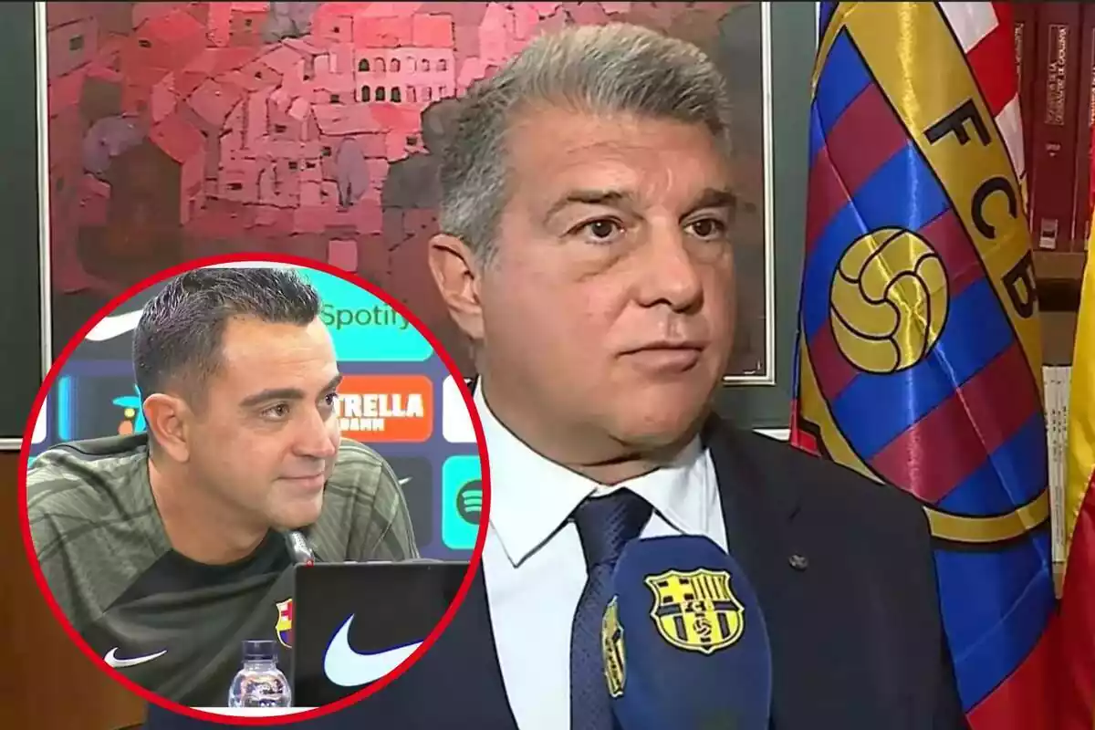 Montaje con Joan Laporta en primer término atendiendo a Barça TV y en la esquina inferior izquierda, dentro de un círculo, Xavi Hernández en rueda de prensa