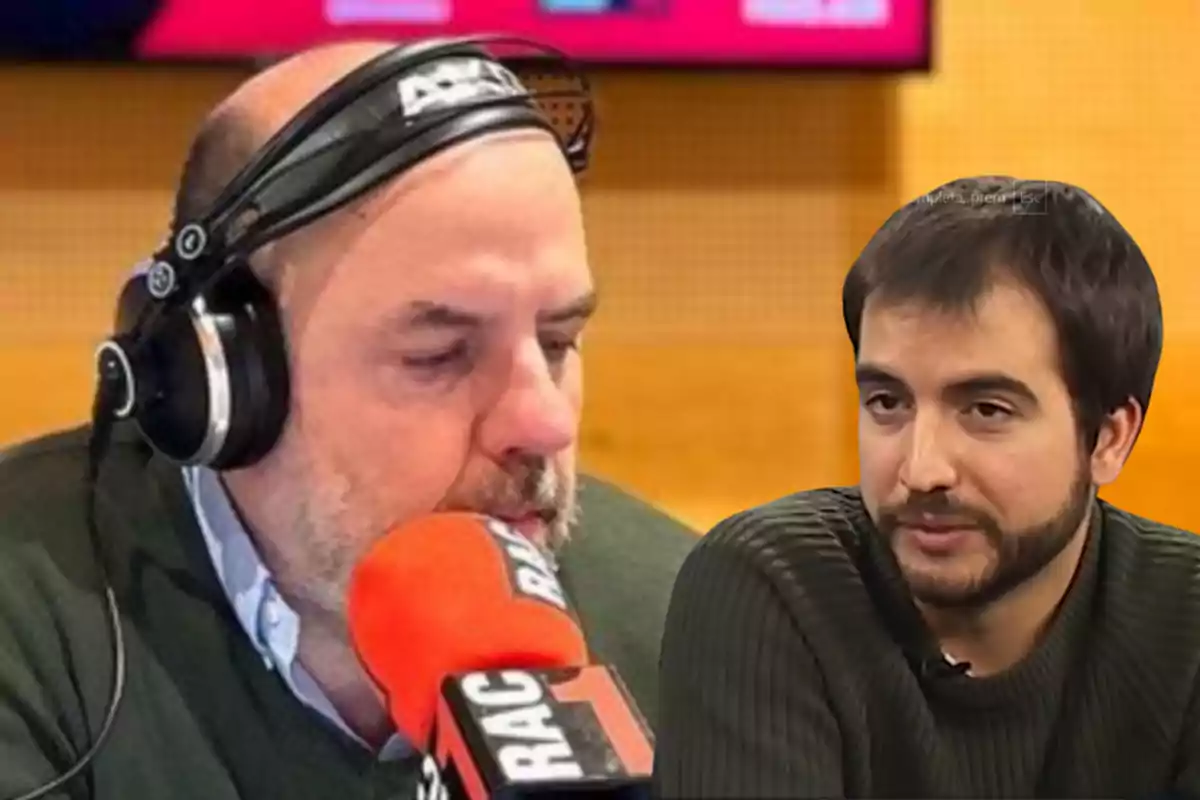 Montaje con una imagen de Jordi Basté durante un programa de radio. A la derecha una imagen de Ricard Ustrell durante una entrevista