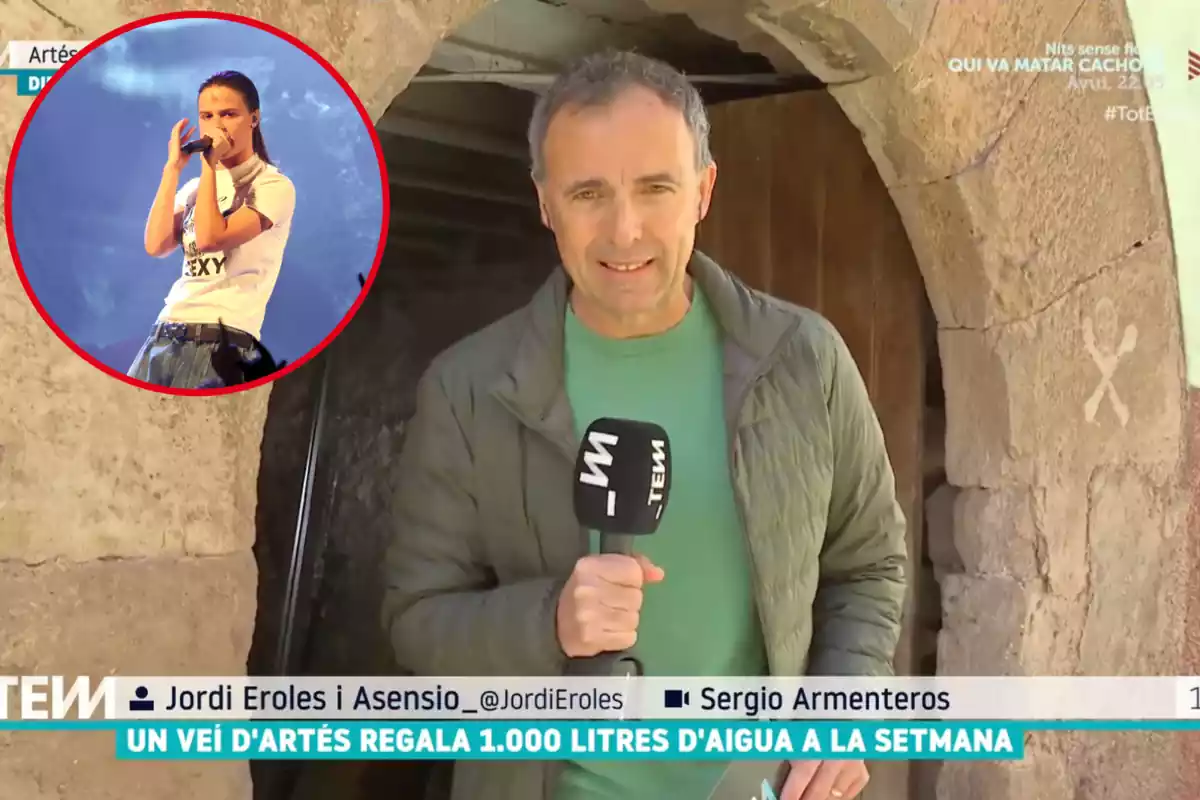 Montaje con una imagen de Jordi Eroles durante un reportaje para TV3. A la izquierda una imagen de Mushkaa