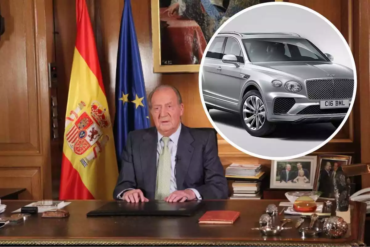 Montaje con el Rey Juan Carlos en primer término. A la derecha, dentro de un círculo, un coche de la marca Bentley