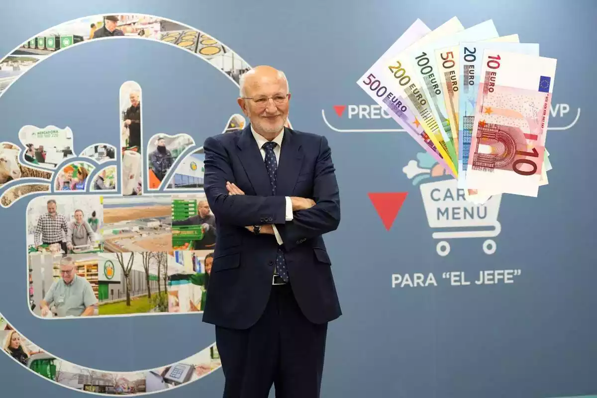 Montaje de Juan Roig y en la esquina superior derecha billetes de varias cantidades de euros