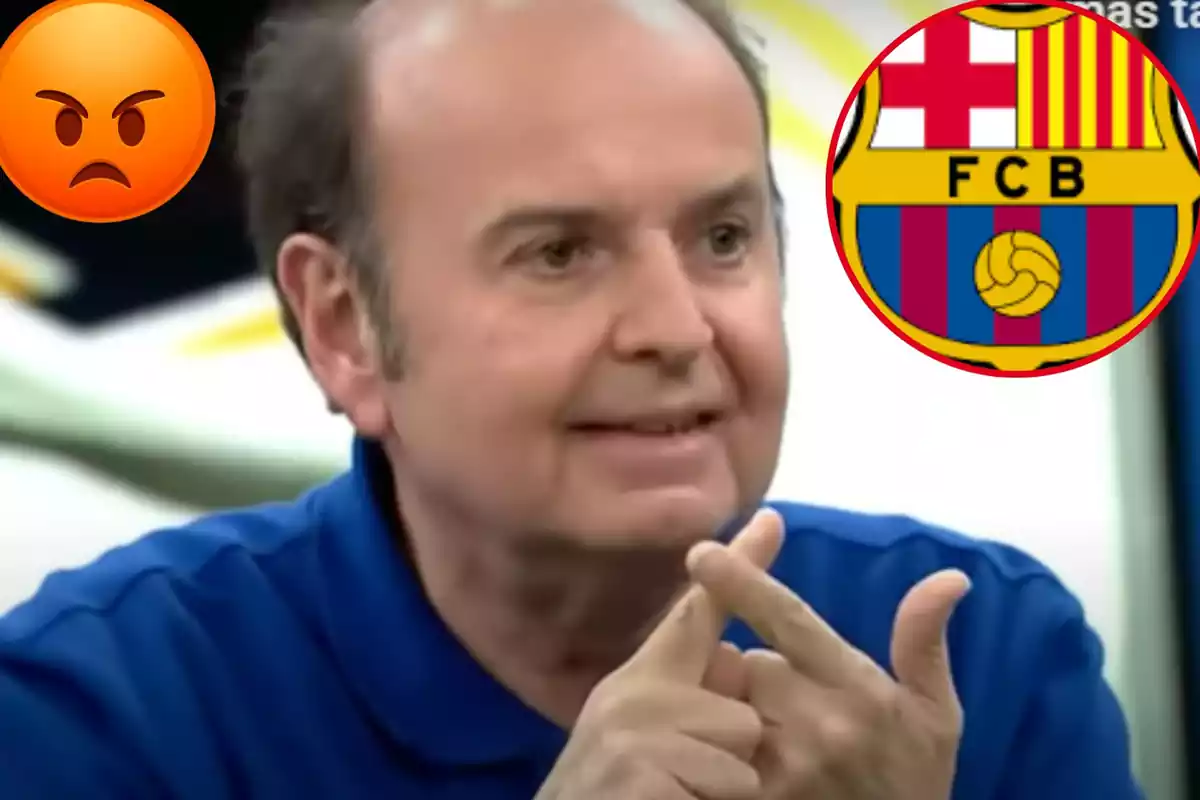 Montage con Juanma Rodríguez, un emoticono enfadado arriba a la izquierda y el escudo del FC Barcelona arriba a la derecha