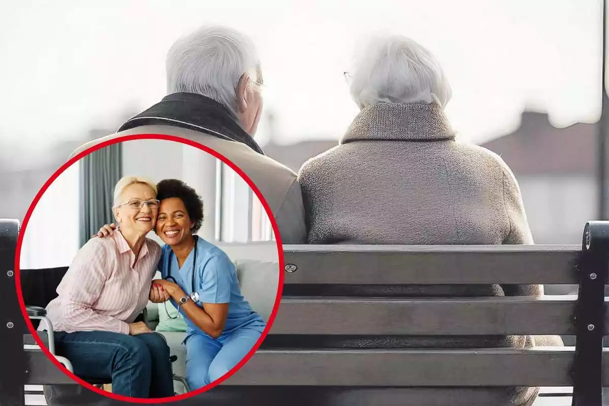 Montaje con una imagen de dos ancianos de espaladas sentados en un banco. En la esquina inferior izquierda, dentro de un círculo, imagen de una mujer en silla de ruedas con su cuidadora