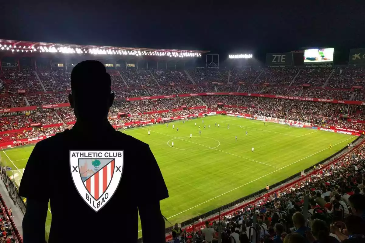 Montaje con una imagen del estadio Sánchez Pizjuan. A la izquierda una sombre negra de hombre y dentro de la sombra, el escudo del Athletic Club de Bilbao