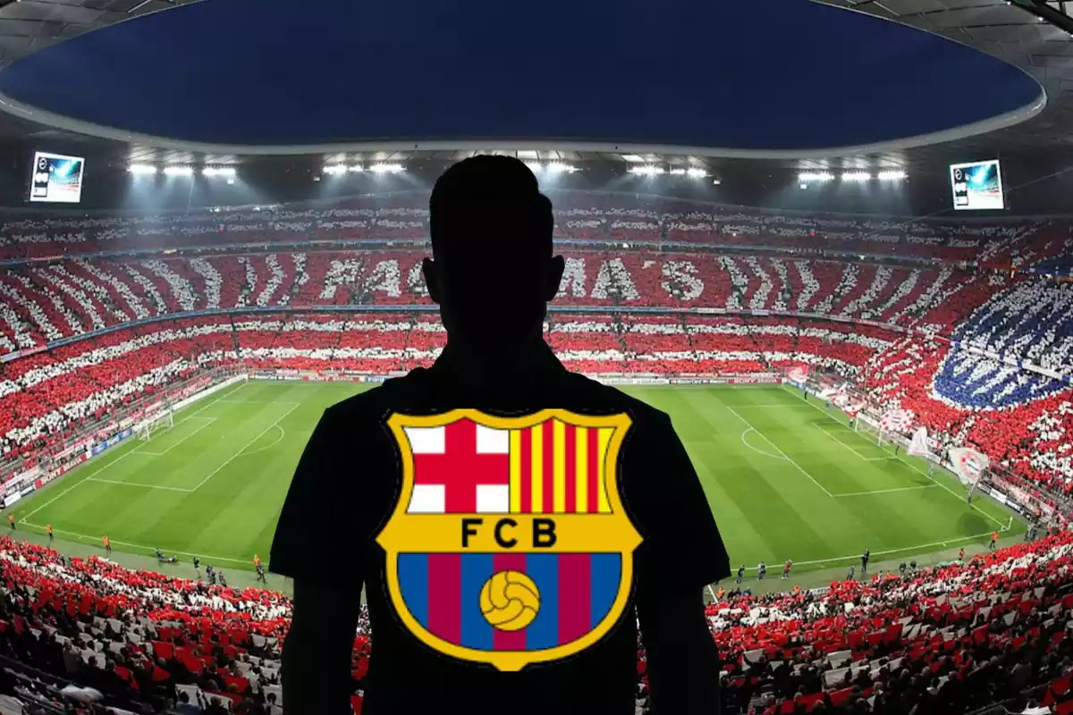 Montage con el estadio del Bayern de Munich, y una sombra en el centro con el escudo del FC Barcelona