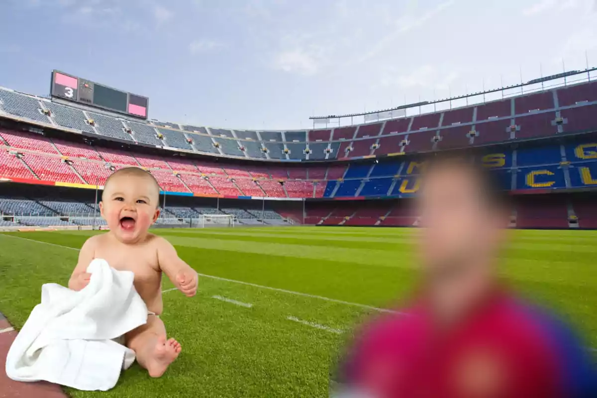 Montaje con una imagen del Camp Nou Spotify. A la derecha una imagen borrosa con un jugador del Barça. A la izquierda una imagen con un bebé riendo