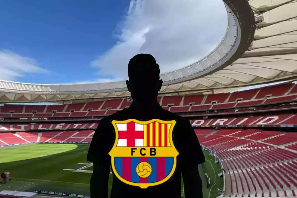 Montage con el Estadio Metropolitano y una sombra negra en el centro con el escudo del FC Barcelona