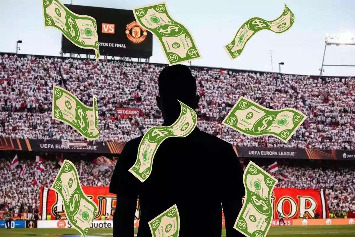 Montage con el estadio Sánchez Pizguán, una sombra negra en el centro y varios billetes de dólares volando