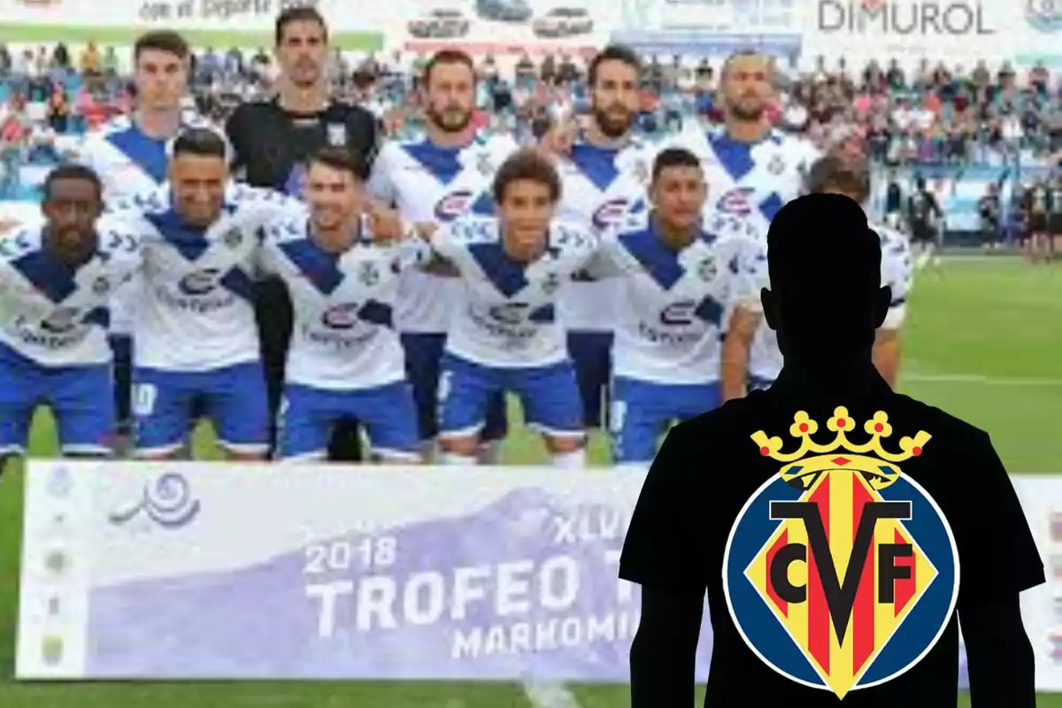 Montage con la plantilla del CD Tenerife y una sombra negra a la derecha con el escudo del Villarreal